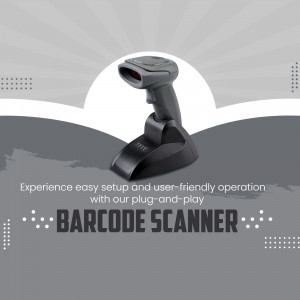 Black barcode scanner with stand on a gray background