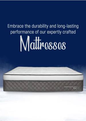 Image of a gray mattress on a white surface with text promoting durability and long-lasting performance.