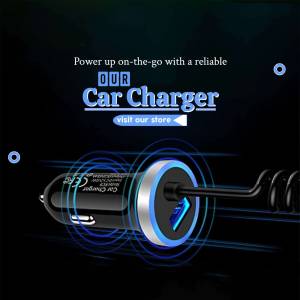 Blue car charger with glowing blue accents and text promoting on-the-go power.