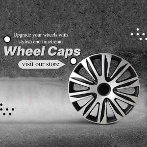 Silver and black wheel cap on a textured gray background with promotional text.