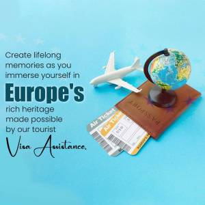 Travel essentials including a passport, tickets, and a globe with a miniature airplane, promoting Europe travel and visa assistance.