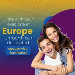 Happy couple promoting spouse visa services for travel to Europe