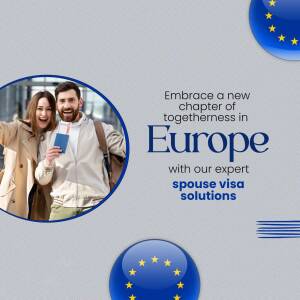 Couple with European Union flags and text promoting spouse visa solutions.
