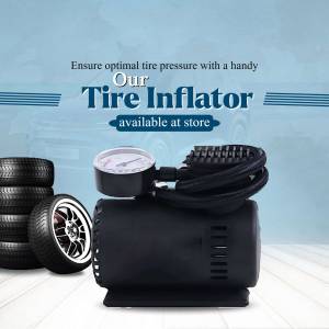Black tire inflator with pressure gauge and tires in the background