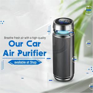 Close-up of a sleek, black car air purifier with a digital display, promoting clean air in vehicles.