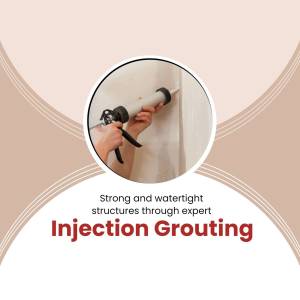 Close-up of a caulking gun applying sealant to a wall, with text promoting injection grouting.