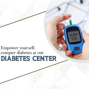 A hand holding a blood glucose meter displaying a 'HIGH' blood sugar reading, with medical equipment in the background.