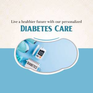 Image promoting personalized diabetes care with medical supplies and a health-focused message.