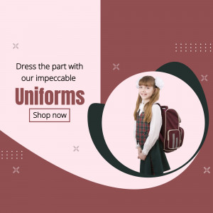 A young girl in a school uniform with a backpack, promoting school uniforms.