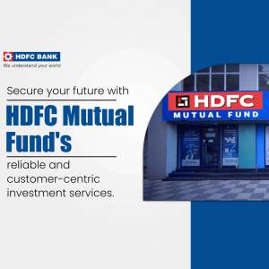 HDFC Mutual Fund advertisement with bank building in the background