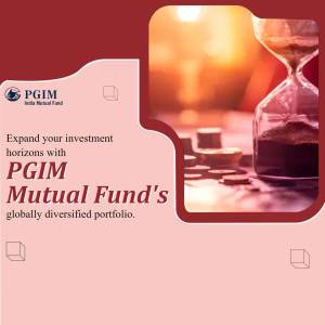 Hourglass with coins representing investment growth with PGIM Mutual Fund logo
