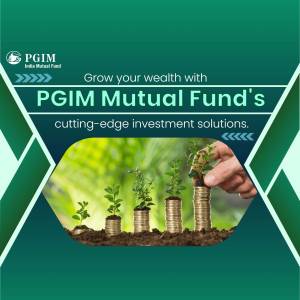 PGIM Mutual Fund advertisement featuring growing plants on stacks of coins.