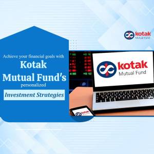 Kotak Mutual Fund advertisement with laptop and mobile phone displaying investment strategies.