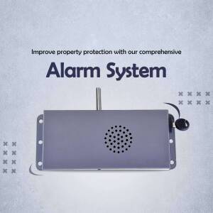 Image of a grey alarm system with text promoting property protection.