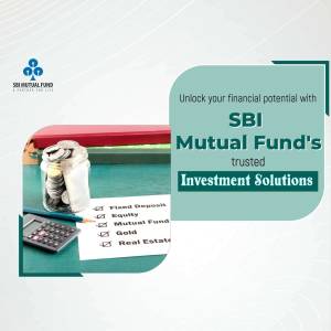 SBI Mutual Fund advertisement with coins, calculator, and investment options.