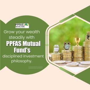 PPFAS Mutual Fund investment advertisement with coins and a trophy