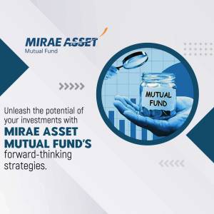 Image depicting a hand holding a jar labeled 'Mutual Fund' with coins inside, representing investment growth with Mirae Asset.