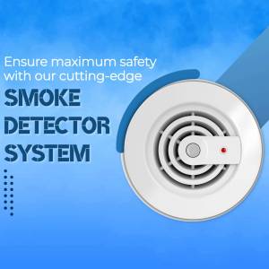Close-up of a white smoke detector on a blue background with text promoting safety.