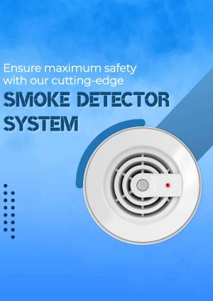 Image of a white smoke detector with a blue background and text promoting safety.