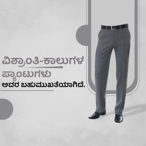 Image of a man wearing grey formal trousers and black shoes with Kannada text.