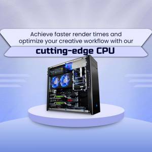 Image of a high-performance computer CPU with blue lighting, promoting faster render times.