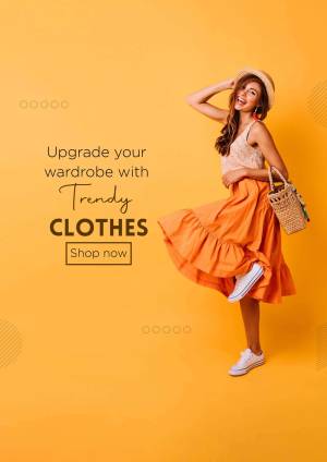 Woman in orange skirt and hat promoting trendy clothes