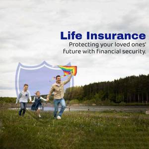 Family running with a kite under a shield with the text 'Life Insurance'