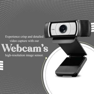 Close-up of a black webcam with a silver front, promoting crisp video capture.