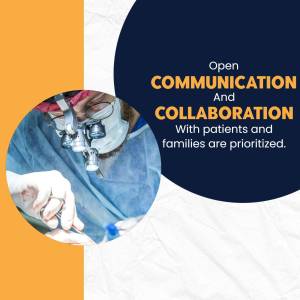 Doctor performing surgery with text emphasizing open communication with patients and families.
