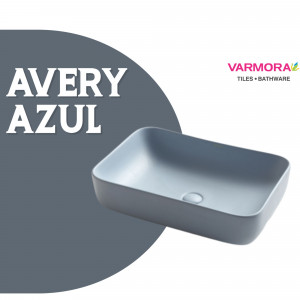 Gray rectangular bathroom sink with the Avery Azul label