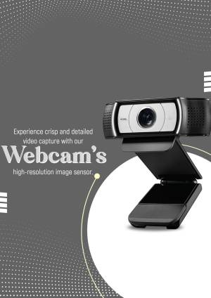 Logitech webcam on a gray background with text promoting crisp video capture.