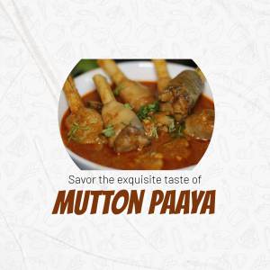 Close-up of a bowl of Mutton Paaya with a decorative background.