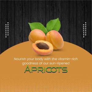 Close-up of fresh apricots on a textured background with text promoting their vitamin content.