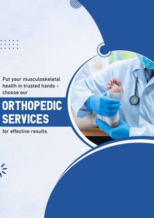 Doctor examining a patient's bandaged foot, promoting orthopedic services.