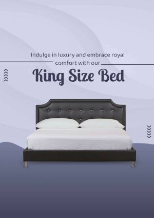 Elegant king size bed with white linens and a dark brown frame against a soft blue and white background.