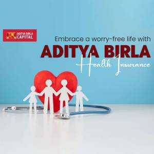 Aditya Birla Health Insurance advertisement featuring a family and a heart.