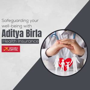 Aditya Birla Health Insurance advertisement featuring a doctor and family illustration.
