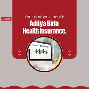 Aditya Birla Health Insurance advertisement with a laptop displaying health insurance information.