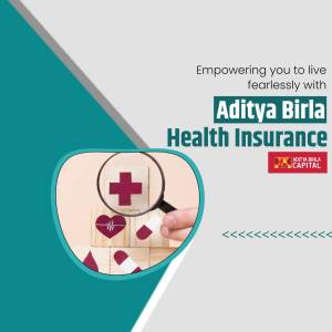 Aditya Birla Health Insurance advertisement with a magnifying glass over medical symbols.