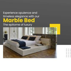 Elegant marble bed with white linens and dark accents in a modern bedroom.