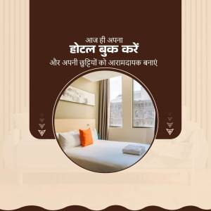 Hotel room advertisement with a modern bedroom view
