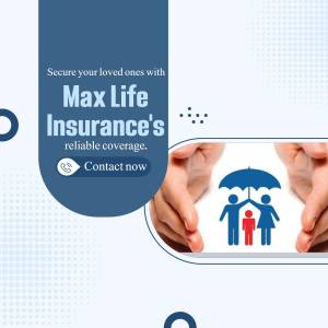 Max Life Insurance advertisement showing hands protecting a family under an umbrella.