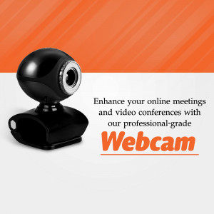 Black webcam on a white and orange background with text promoting webcam for online meetings.