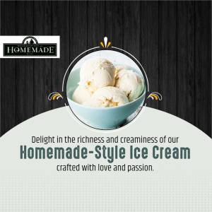 A bowl of creamy vanilla ice cream with a decorative background and text promoting homemade style.