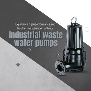 Black industrial waste water pump on a gray and white background with text.