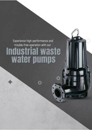 Close-up of a black industrial waste water pump against a grey and white background.