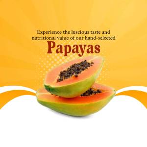 Two slices of papaya stacked on a vibrant orange background with text promoting their taste and nutritional value.