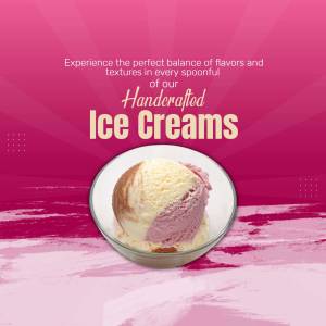 A scoop of handcrafted ice cream with pink and brown swirls in a glass bowl.