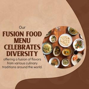 Image of a fusion food menu with various dishes arranged around a central plate.