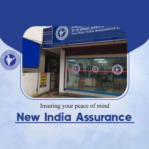 Exterior view of a New India Assurance branch office with signage and branding.